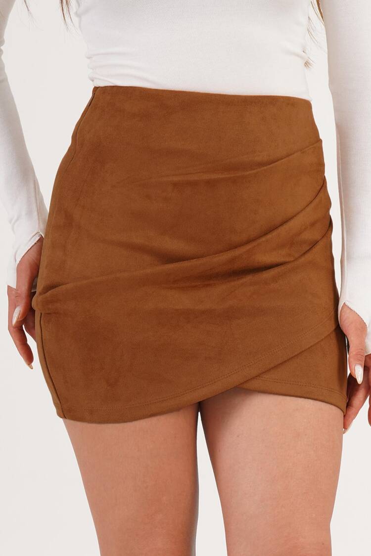 Brown High Waist Wrap Mini Skirt