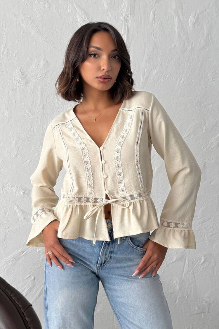 Beige Boho Ruffle Sleeve Blouse