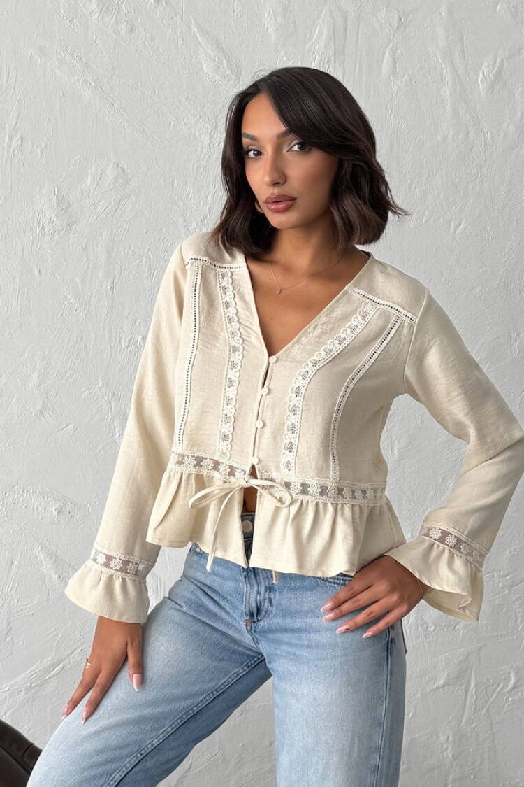 Beige Boho Ruffle Sleeve Blouse - Brand: Topshow - Women & Kids, Baby Clothes Wholesale - Globality Store