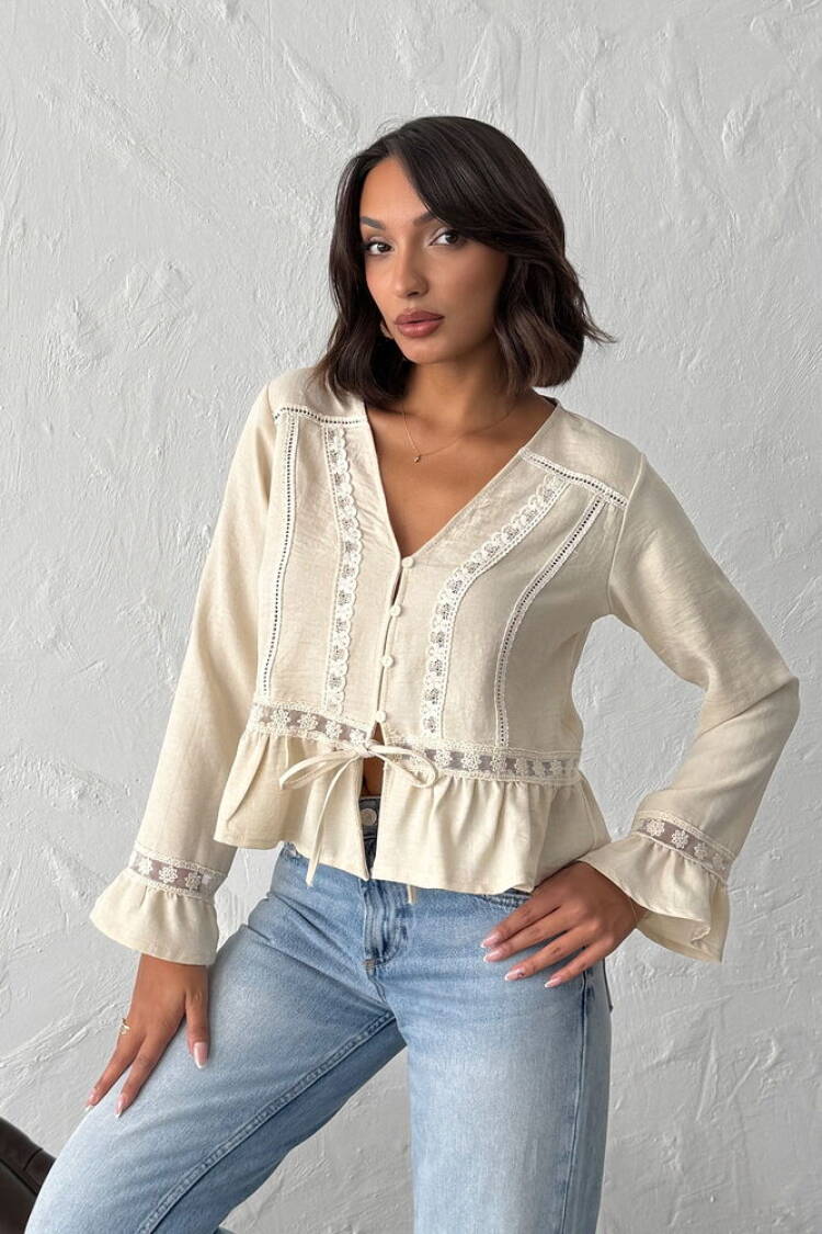 Beige Boho Ruffle Sleeve Blouse
