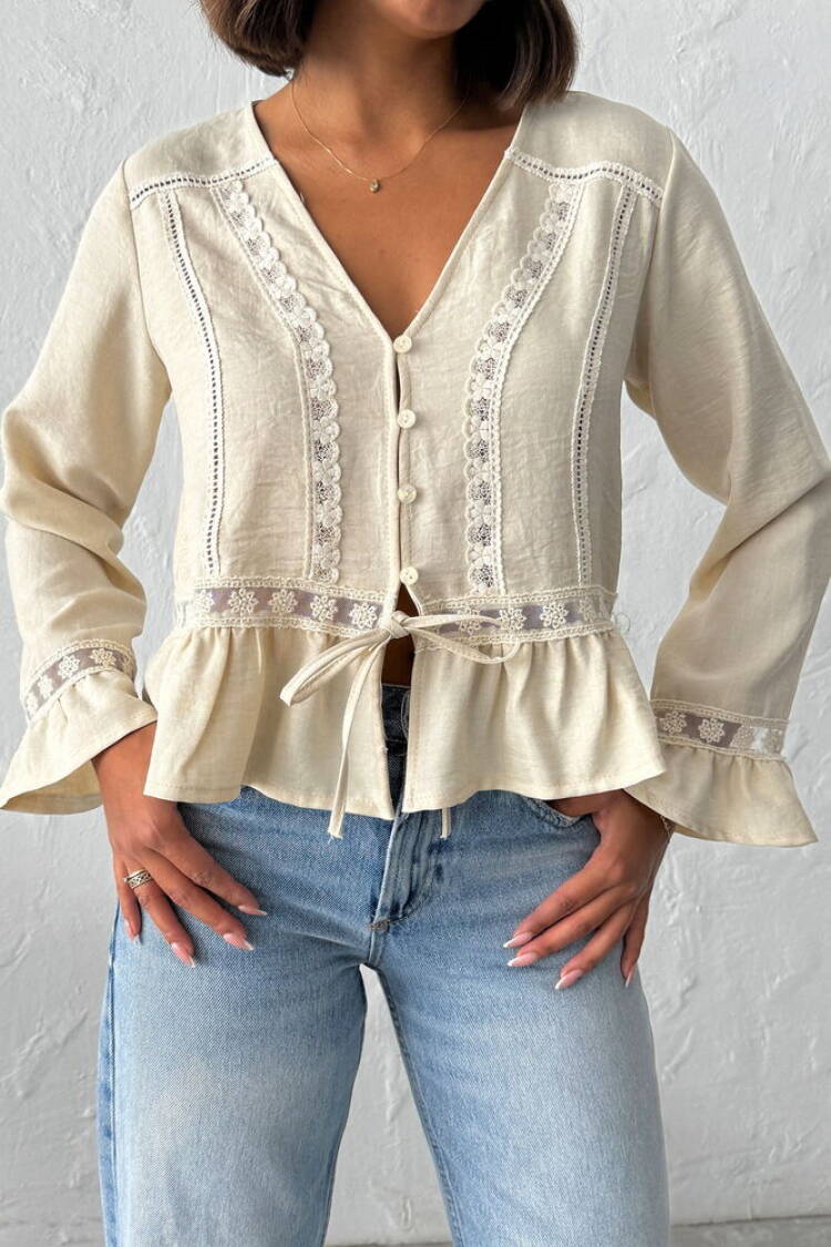 Beige Boho Ruffle Sleeve Blouse