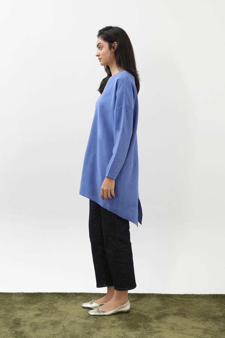 Blue Modest Plus Size Tunic With Round Neck