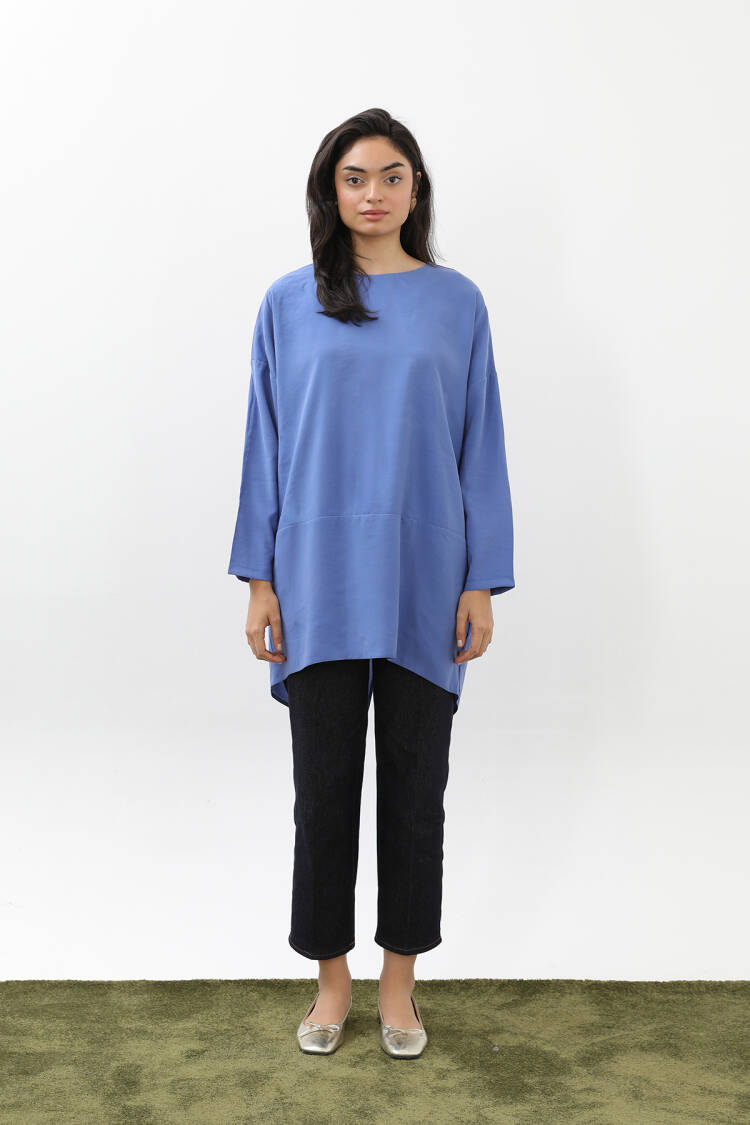 Blue Modest Plus Size Tunic With Round Neck