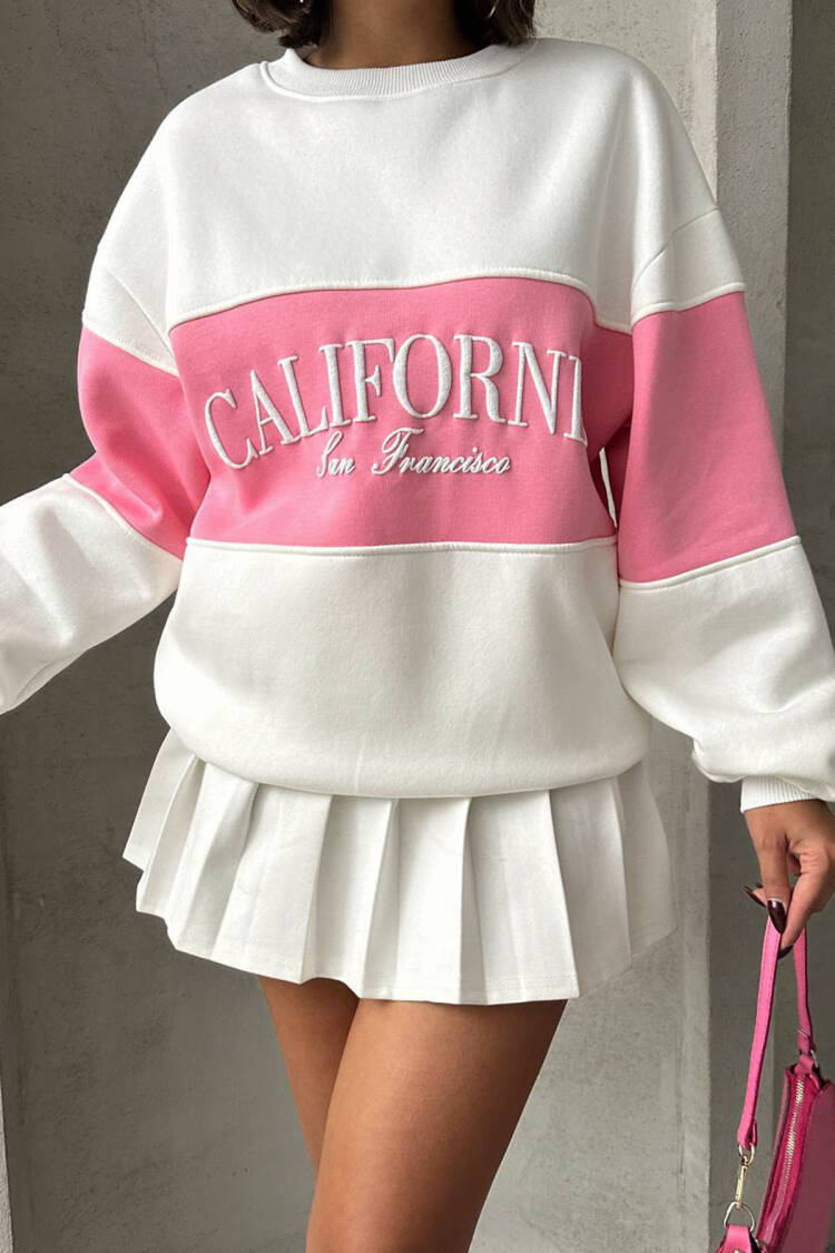 White Casual Sweatshirt With Letter Print And Color Block