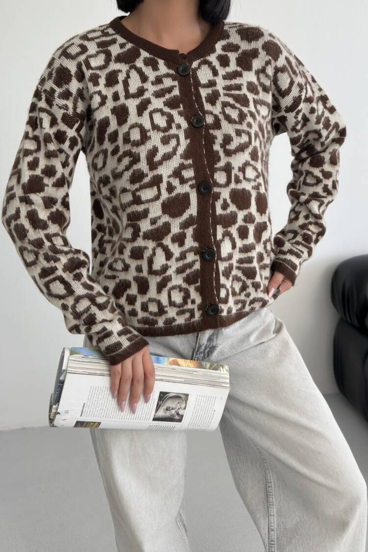 Brown Animal Print Buttoned Cardigan