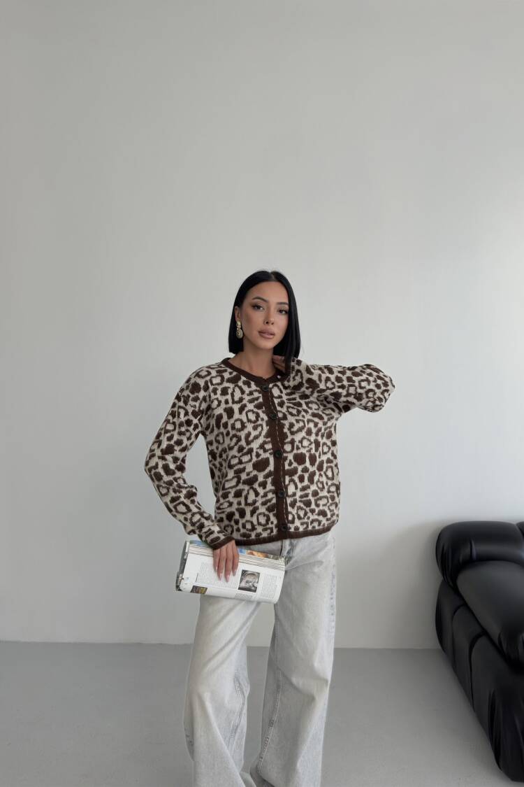 Brown Animal Print Buttoned Cardigan