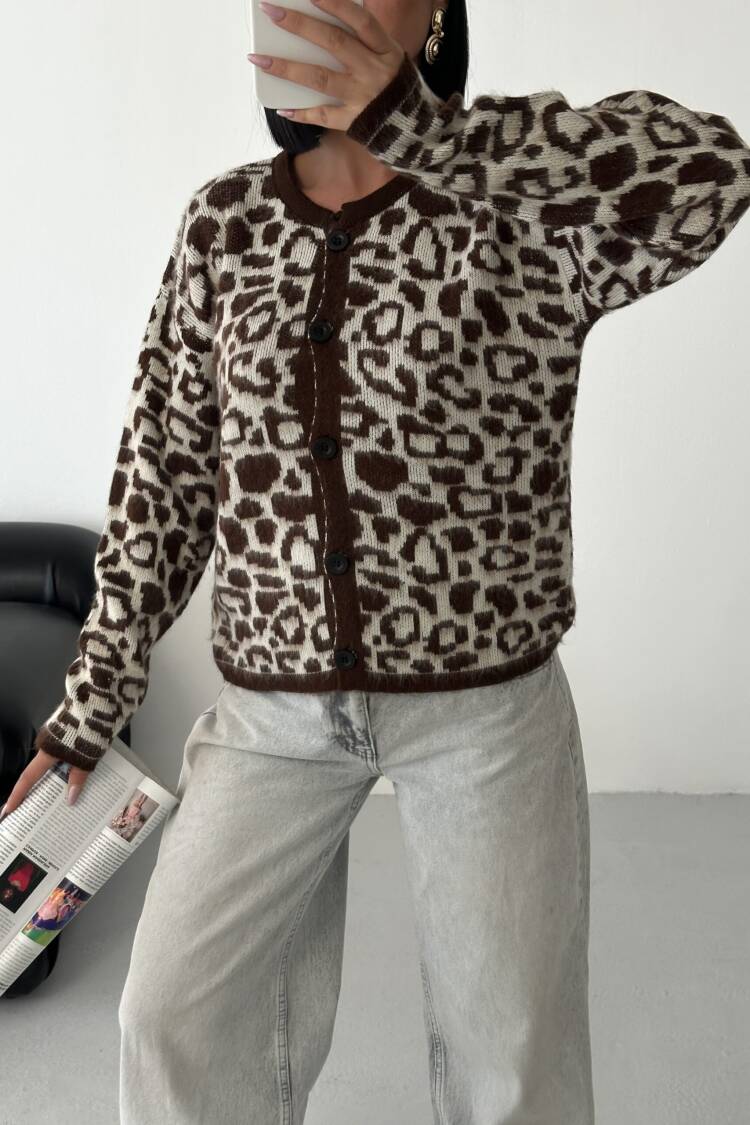 Brown Animal Print Buttoned Cardigan