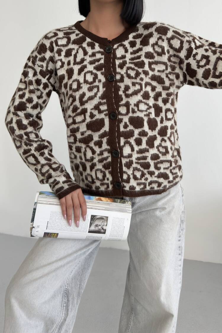 Brown Animal Print Buttoned Cardigan