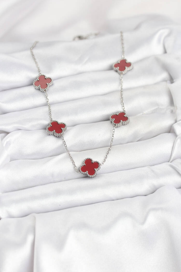 316l Steel Chain Silver Color Burgundy Color Clover Women Necklace