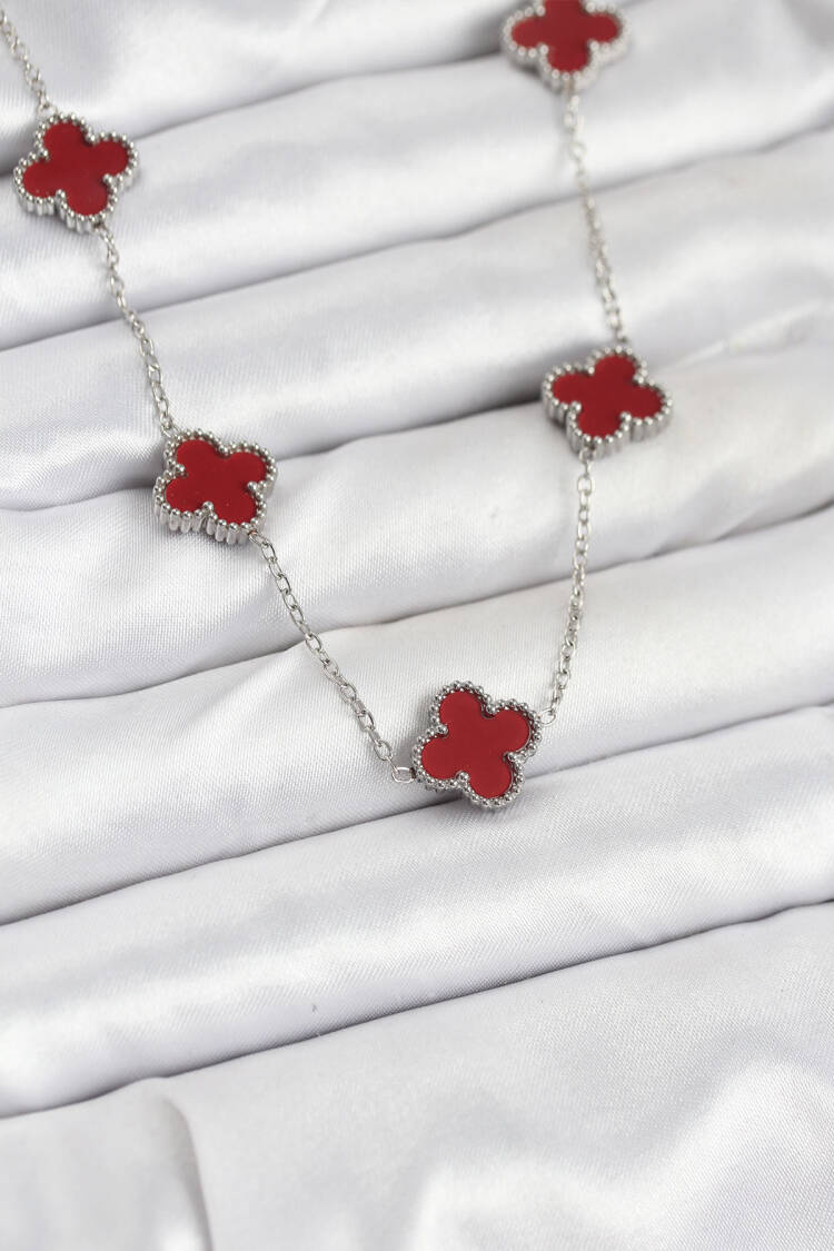 316l Steel Chain Silver Color Burgundy Color Clover Women Necklace - Brand: Ebijuteri - Women & Kids, Baby Clothes Wholesale - Globality Store
