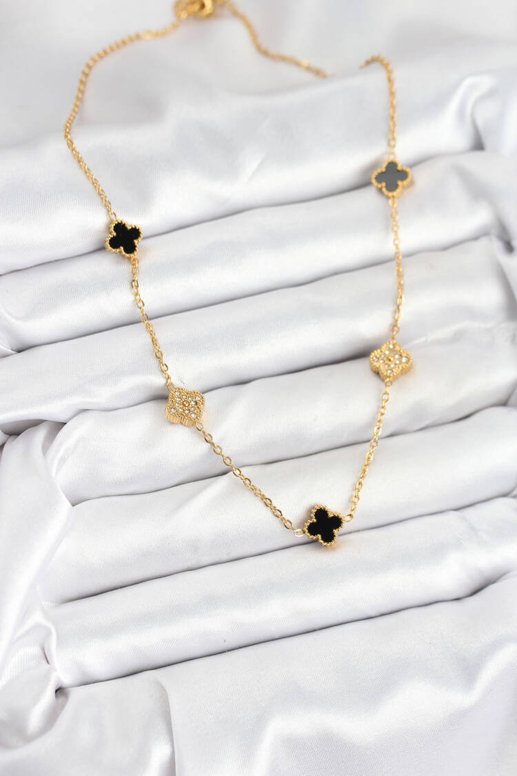 316l Steel Chain Gold Color Black And Zircon Stone Baby Boy Clover Women Necklace