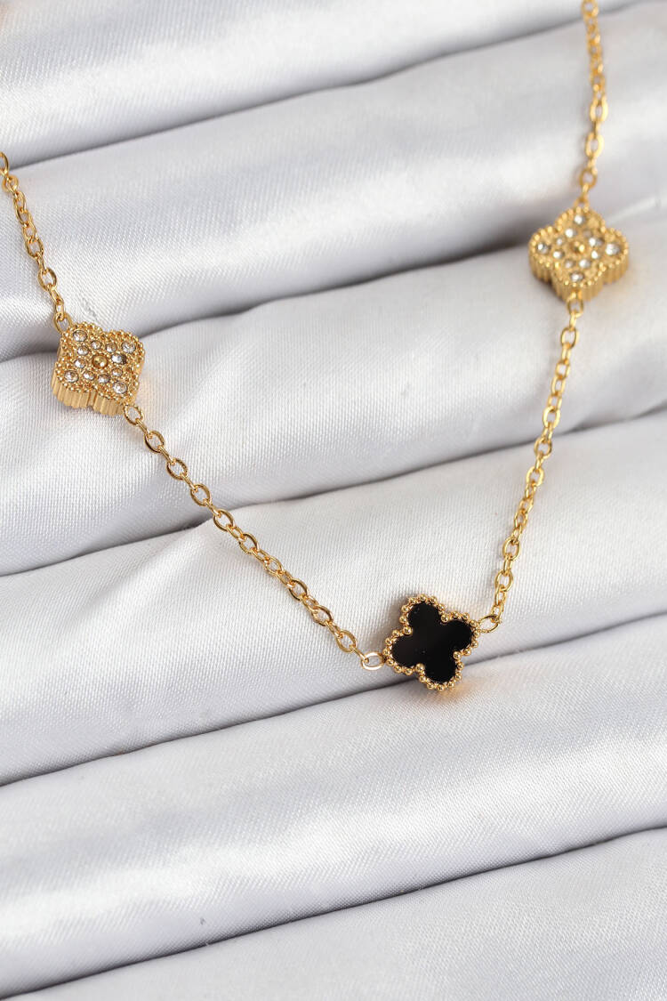 316l Steel Chain Gold Color Black And Zircon Stone Baby Boy Clover Women Necklace - Brand: Ebijuteri - Women & Kids, Baby Clothes Wholesale - Globality Store