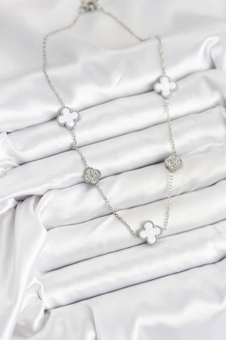 316l Steel Chain Silver Color White And Zircon Stone Clover Women Necklace