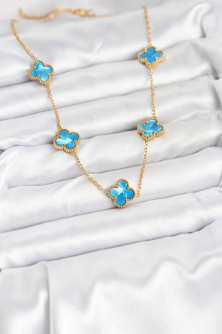 316l Steel Chain Gold Ice Blue Color Clover Necklace