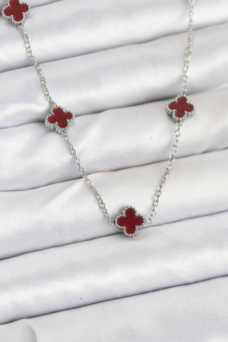 316l Steel Chain Silver Color Burgundy Baby Boy Clover Women Necklace - Brand: Ebijuteri - Women & Kids, Baby Clothes Wholesale - Globality Store