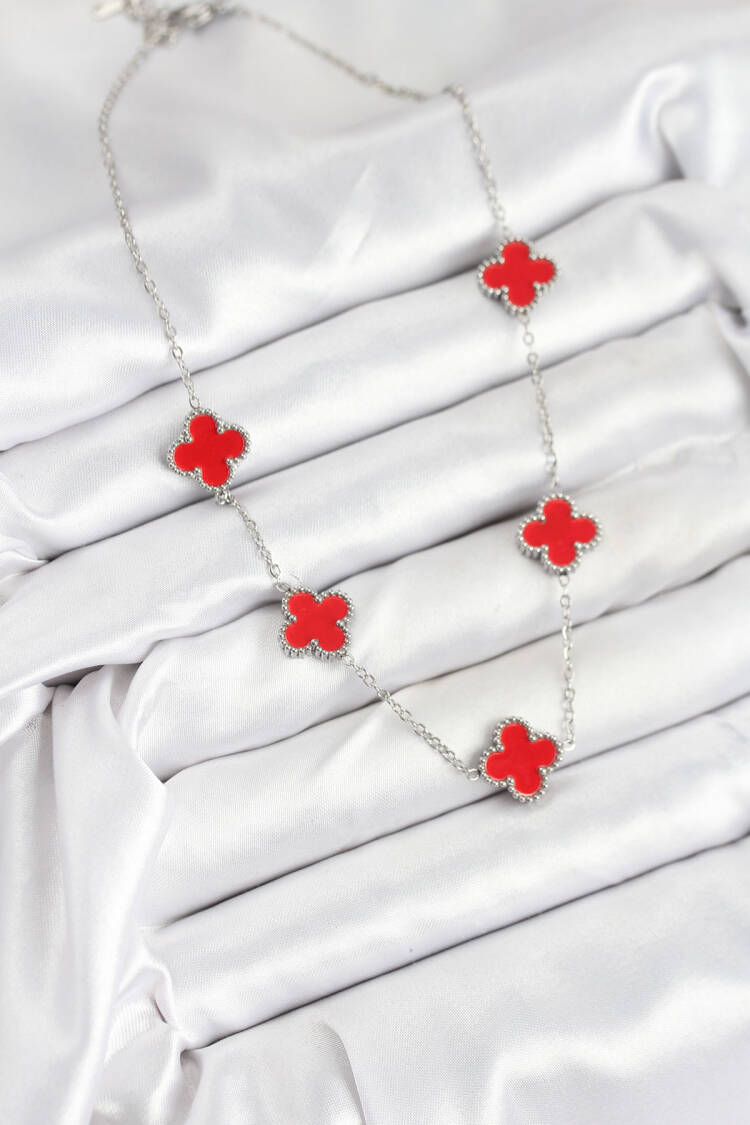 316l Steel Chain Silver Red Color Clover Women Necklace