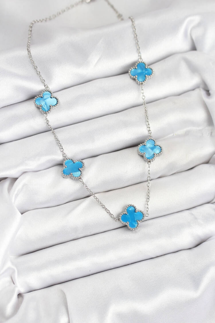 316l Steel Chain Silver Ice Blue Color Clover Women Necklace