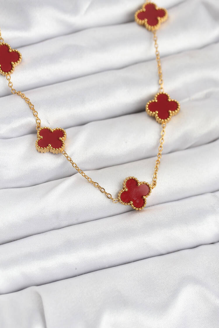 316l Steel Gold Color Chain Burgundy Clover Women Necklace - Brand: Ebijuteri - Women & Kids, Baby Clothes Wholesale - Globality Store