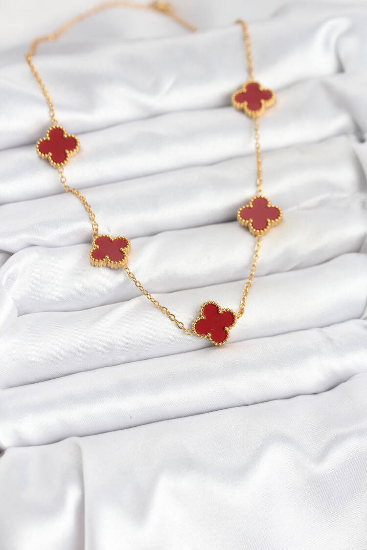 316l Steel Gold Color Chain Burgundy Clover Women Necklace