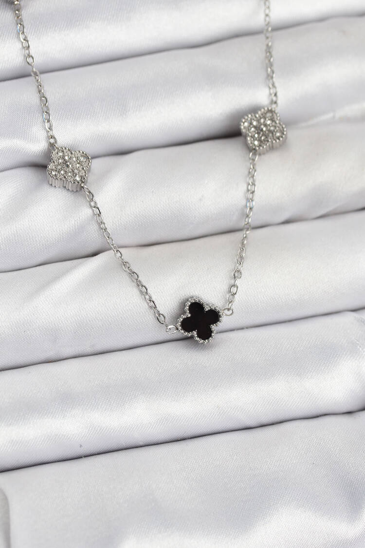 316l Steel Chain Silver Color Black And Zircon Stone Baby Boy Clover Women Necklace - Brand: Ebijuteri - Women & Kids, Baby Clothes Wholesale - Globality Store