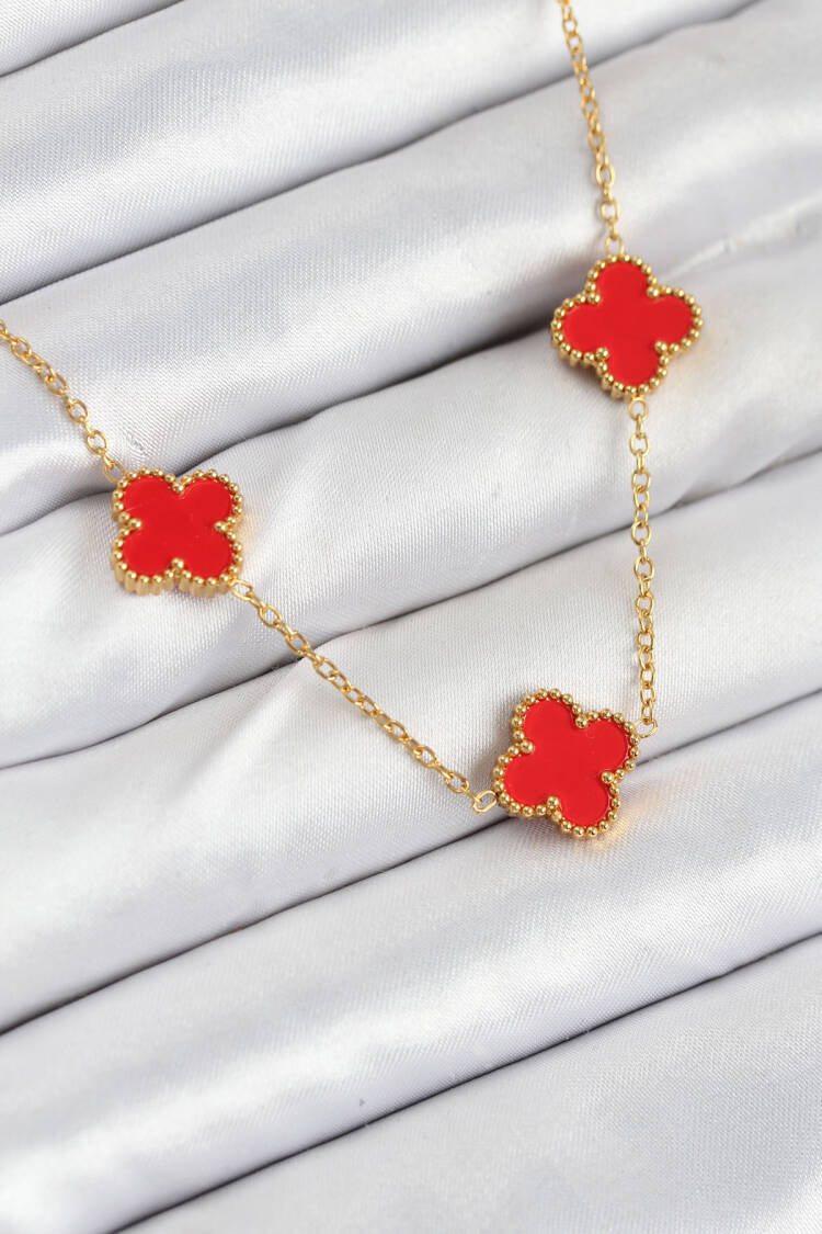 316l Steel Chain Gold Red Color Clover Women Necklace - Brand: Ebijuteri - Women & Kids, Baby Clothes Wholesale - Globality Store