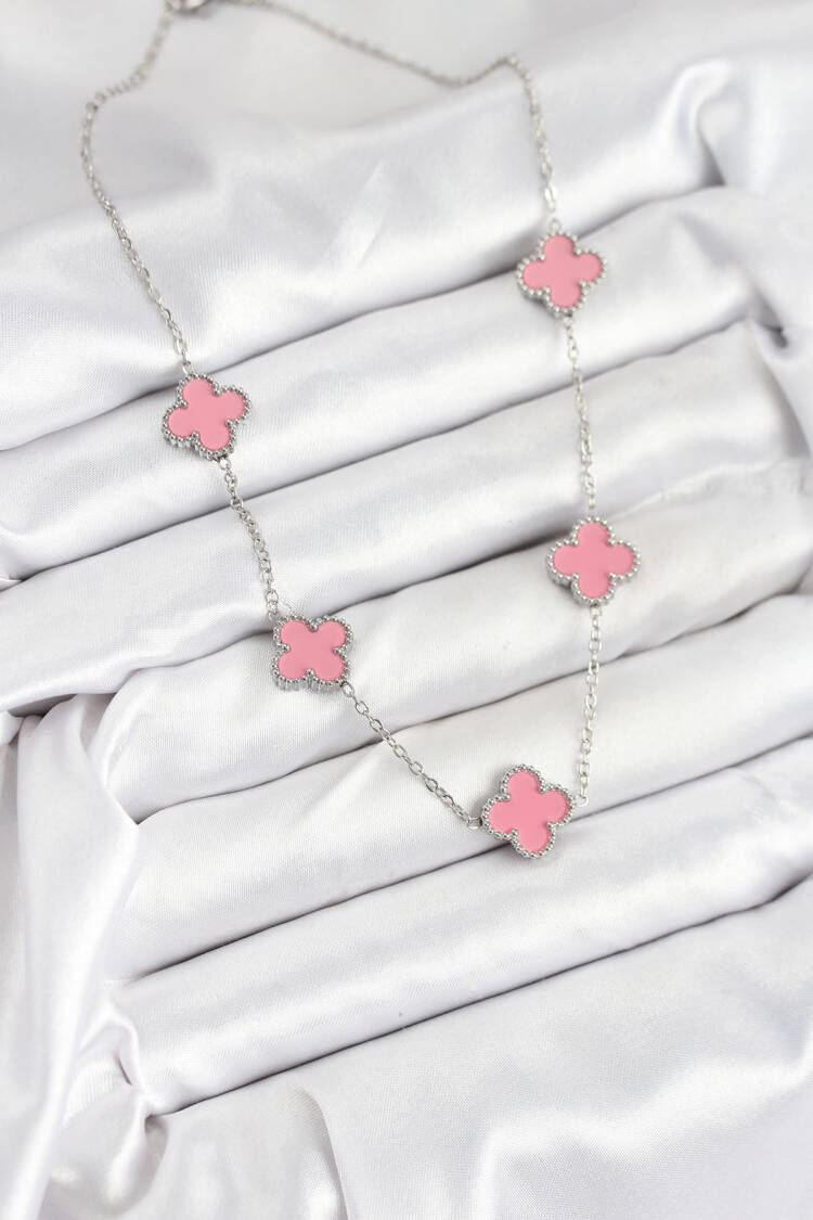 316l Steel Chain Silver Pink Color Clover Women Necklace
