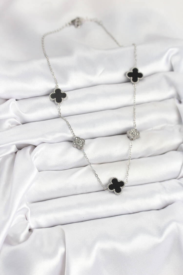 316l Steel Chain Silver Color Black And Zircon Stone Clover Women Necklace