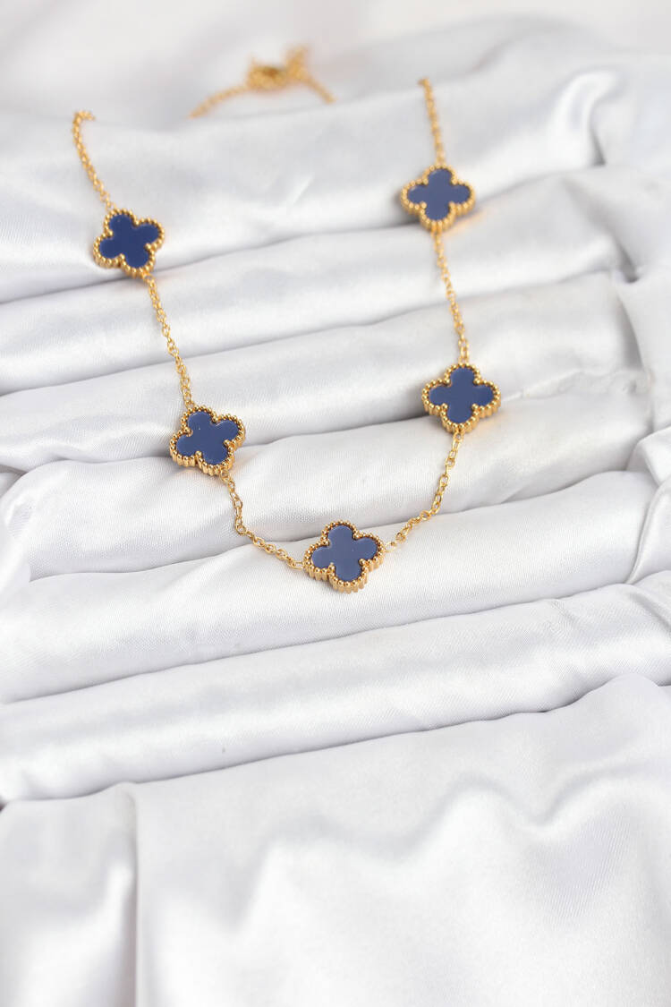 316l Steel Chain Gold Color Navy Blue Clover Women Necklace