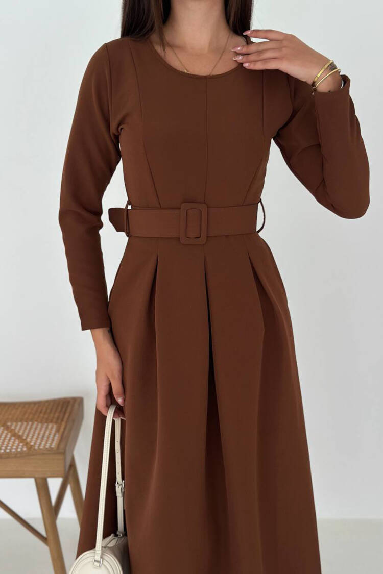 Elegant Brown A-Line Midi Dress With Long Sleeves