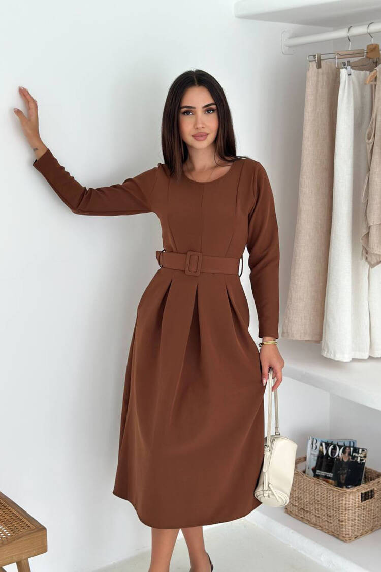 Elegant Brown A-Line Midi Dress With Long Sleeves - Brand: Mode Roy - Women & Kids, Baby Clothes Wholesale - Globality Store