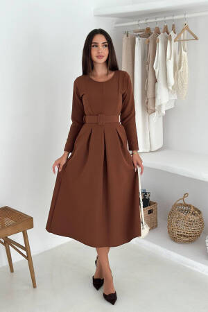 Elegant Brown A-Line Midi Dress With Long Sleeves - Brand: Mode Roy - Women & Kids, Baby Clothes Wholesale - Globality Store