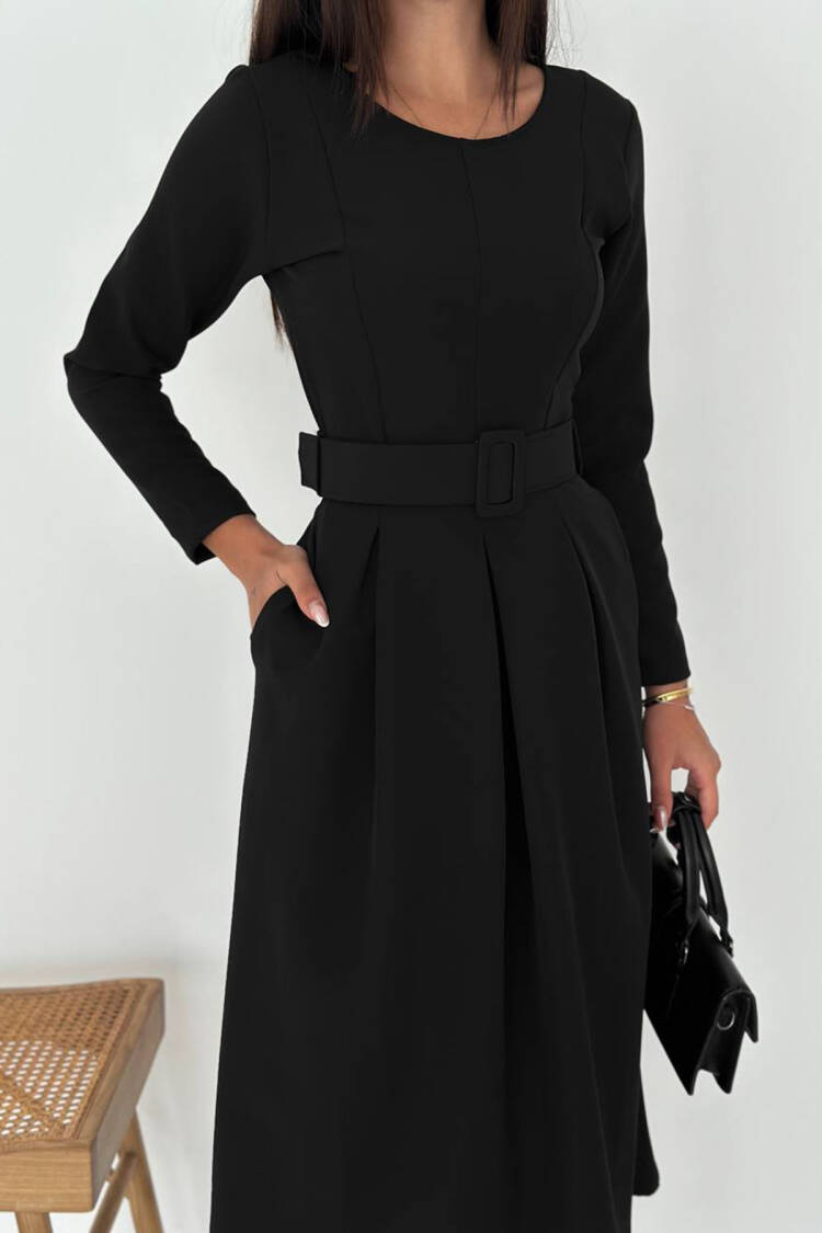 Fit And Flare Midi Dress With Long Sleeves