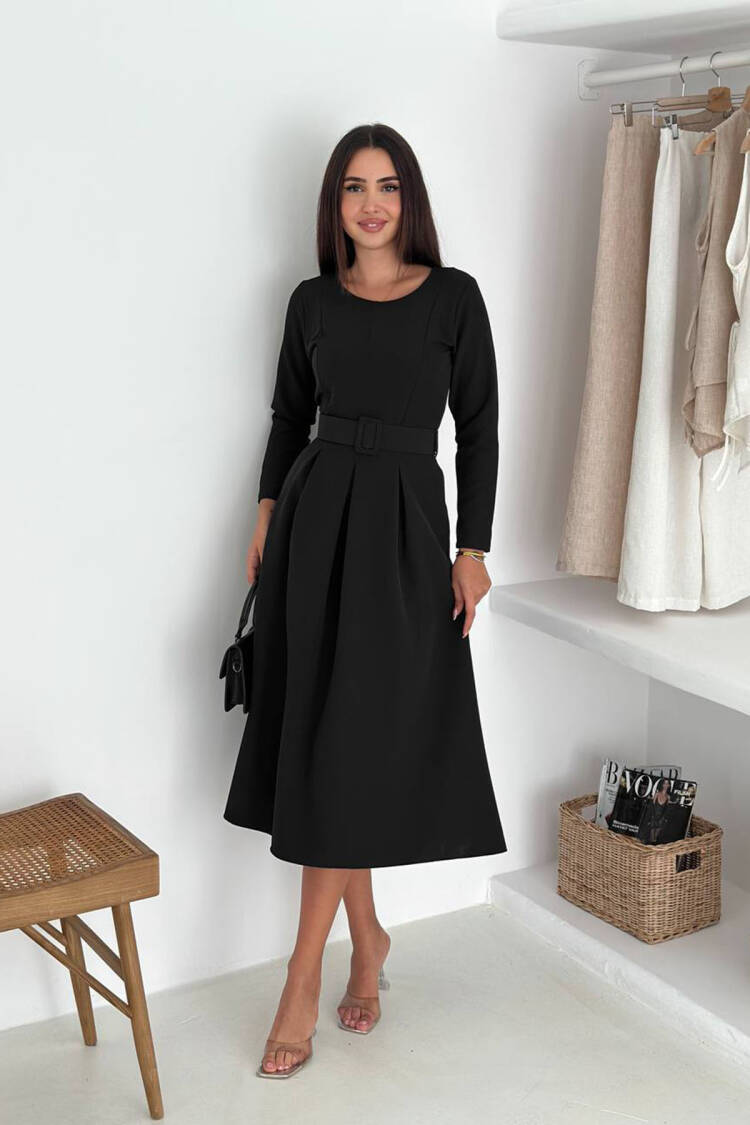 Fit And Flare Midi Dress With Long Sleeves