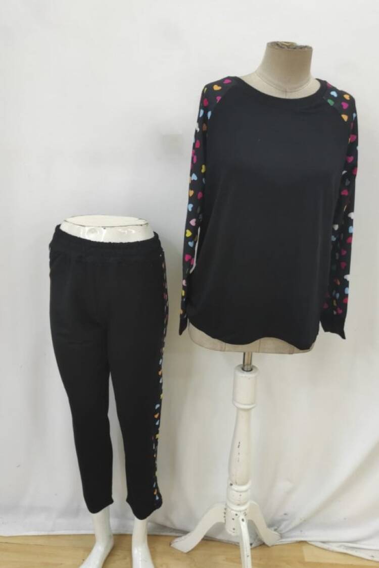 Black Casual Sport Set With Hearts Pattern