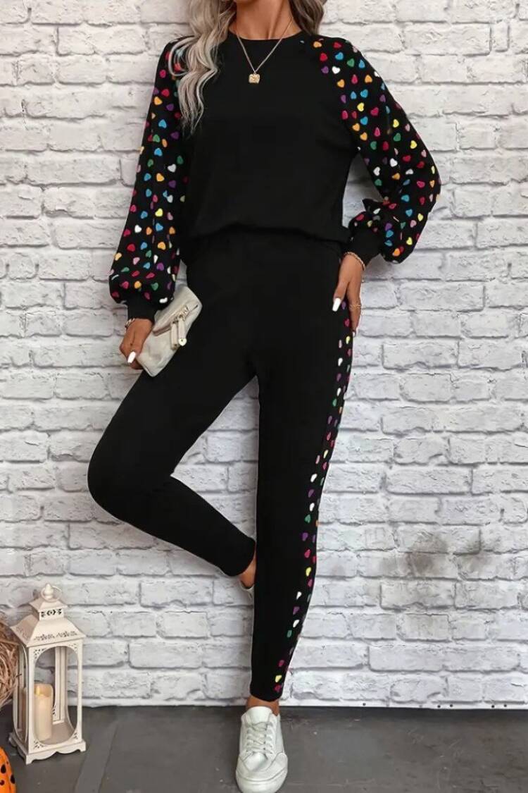 Black Casual Sport Set With Hearts Pattern