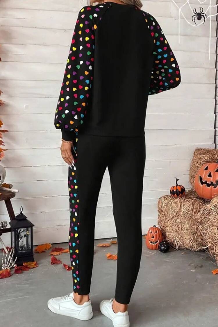 Black Casual Sport Set With Hearts Pattern