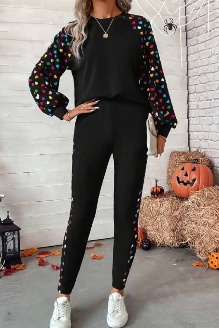 Black Casual Sport Set With Hearts Pattern