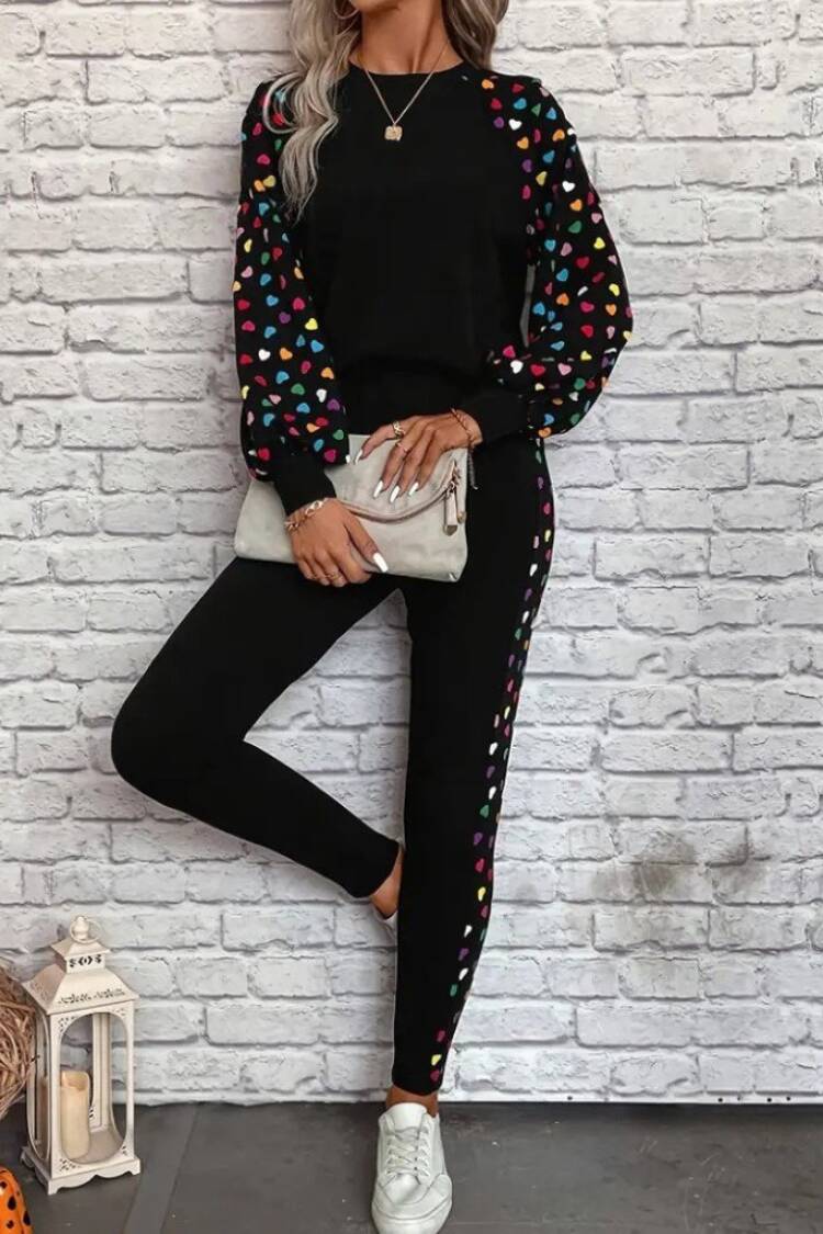 Black Casual Sport Set With Hearts Pattern