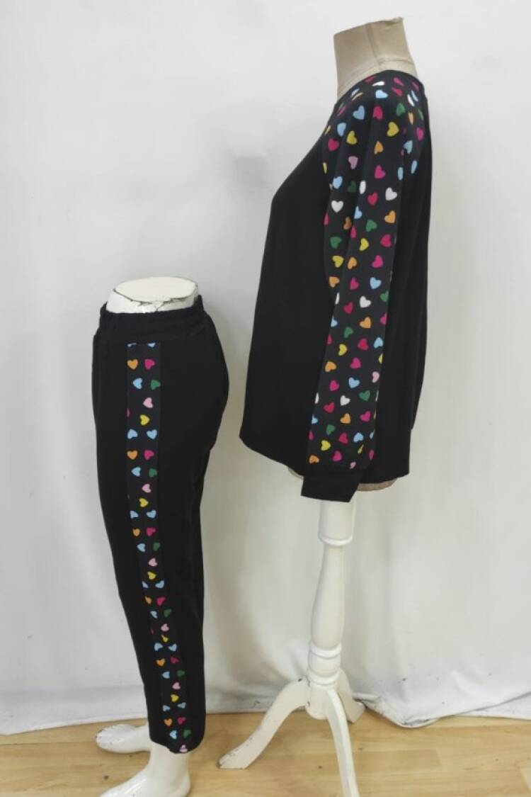 Black Casual Sport Set With Hearts Pattern