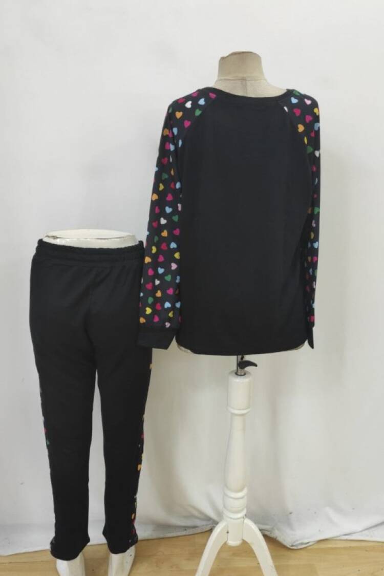Black Casual Sport Set With Hearts Pattern