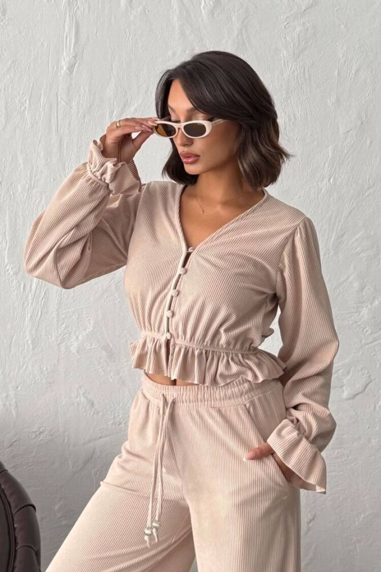 Beige Striped Casual Shirt With Ruffle Sleeves - Brand: Topshow - Women & Kids, Baby Clothes Wholesale - Globality Store
