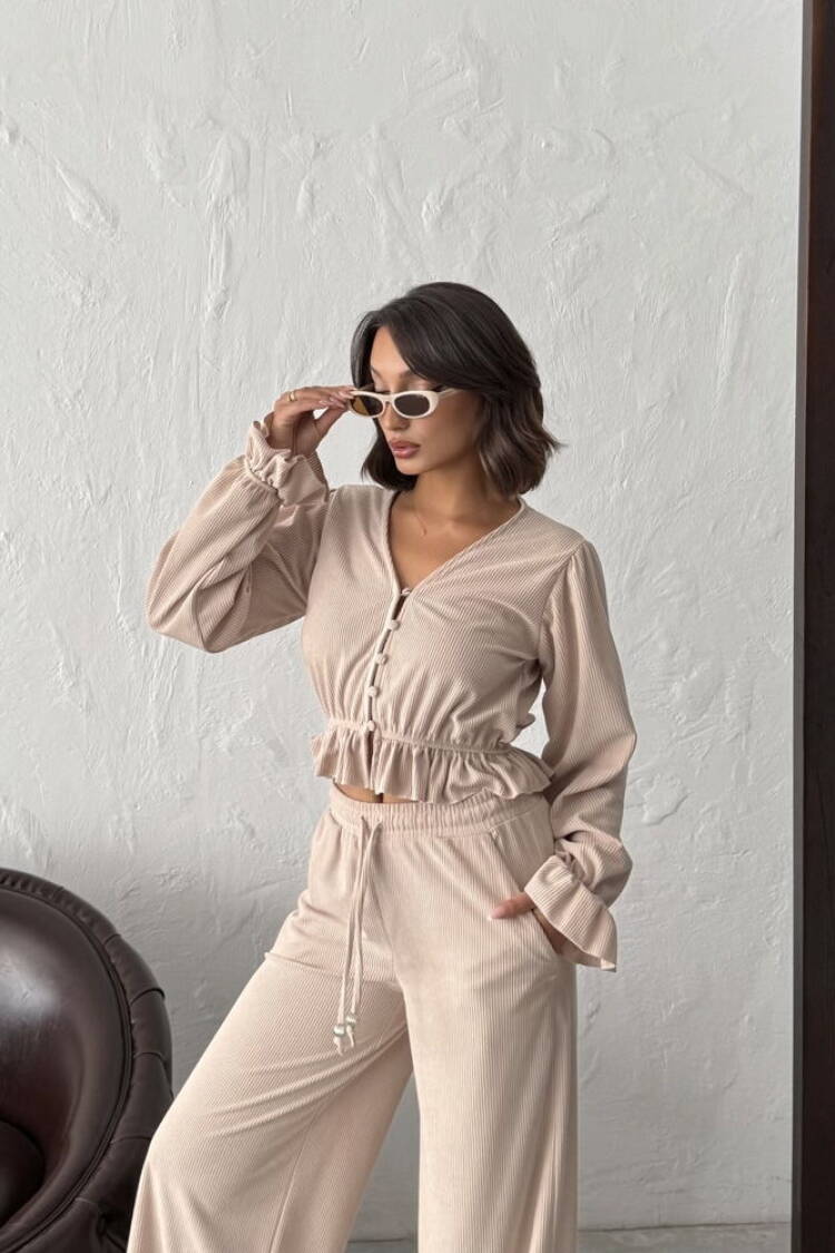Beige Striped Casual Shirt With Ruffle Sleeves
