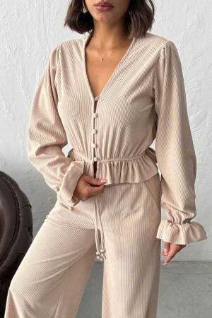 Beige Striped Casual Shirt With Ruffle Sleeves - Brand: Topshow - Women & Kids, Baby Clothes Wholesale - Globality Store