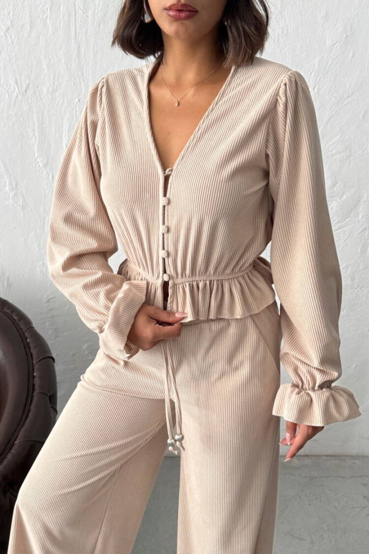 Beige Striped Casual Shirt With Ruffle Sleeves