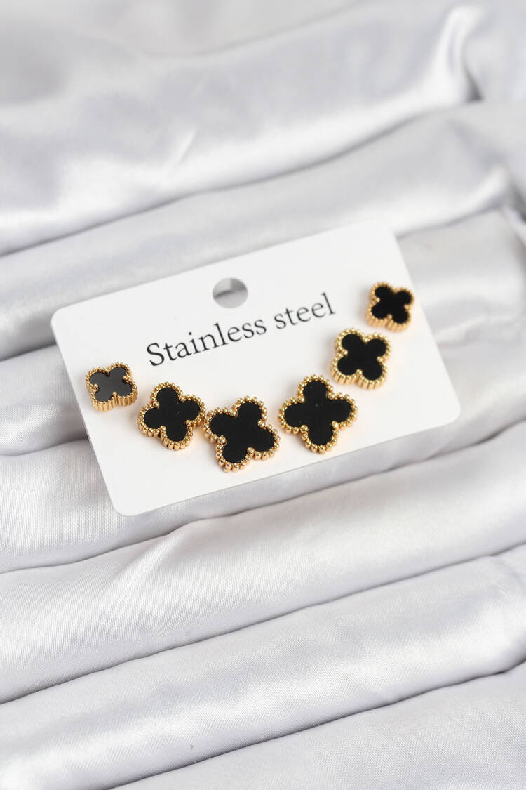 316l Steel Gold Black Color 3 Size Clover Earrings Set - Brand: Ebijuteri - Women & Kids, Baby Clothes Wholesale - Globality Store