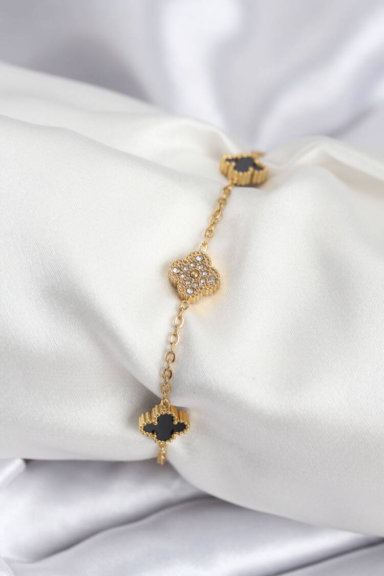 316l Steel Gold Color Black And Zircon Stone Baby Boy Clover Women Bracelet - Brand: Ebijuteri - Women & Kids, Baby Clothes Wholesale - Globality Store
