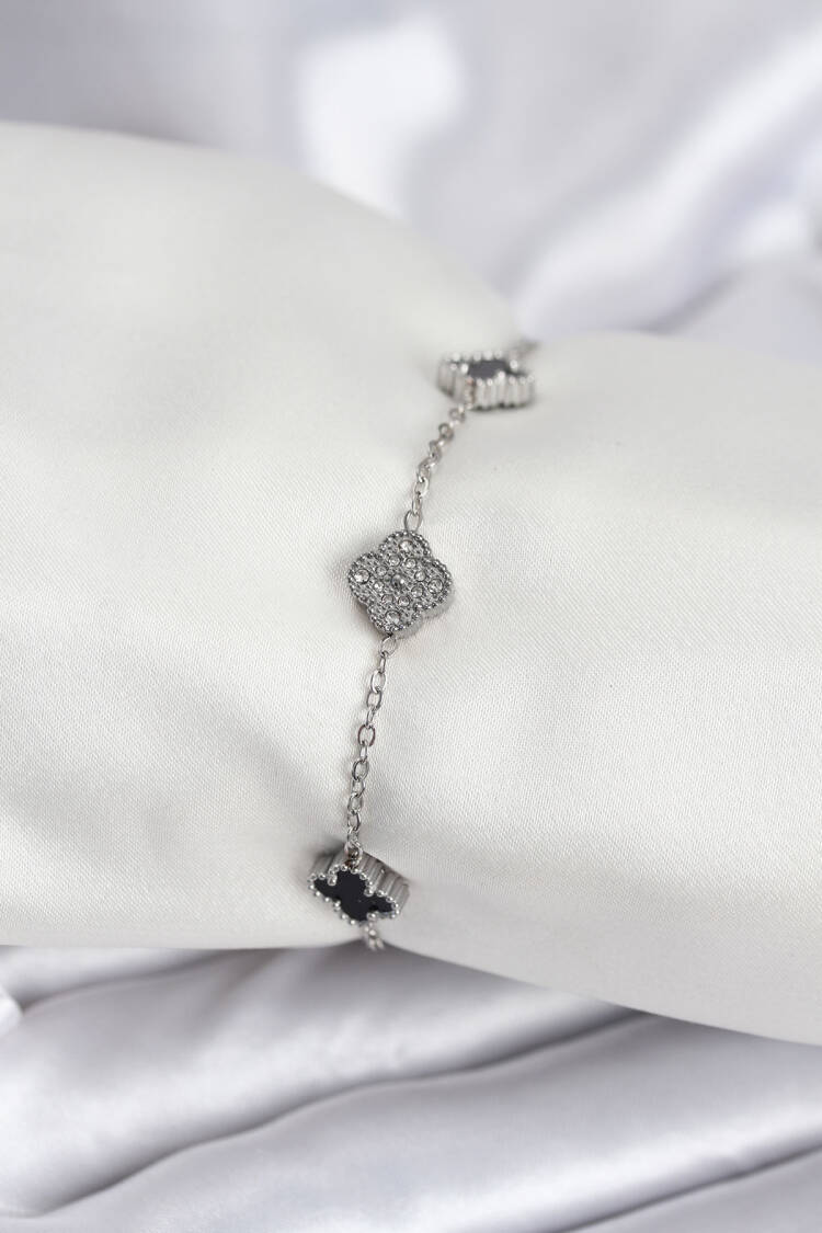 316l Steel Silver Color Black And Zircon Stone Baby Boy Clover Women Bracelet - Brand: Ebijuteri - Women & Kids, Baby Clothes Wholesale - Globality Store