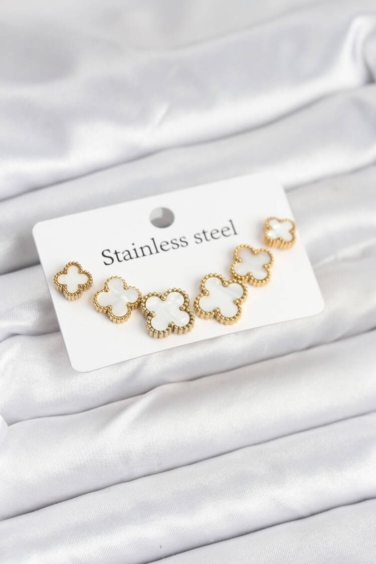 316l Steel Gold White Color 3 Size Clover Earrings Set - Brand: Ebijuteri - Women & Kids, Baby Clothes Wholesale - Globality Store