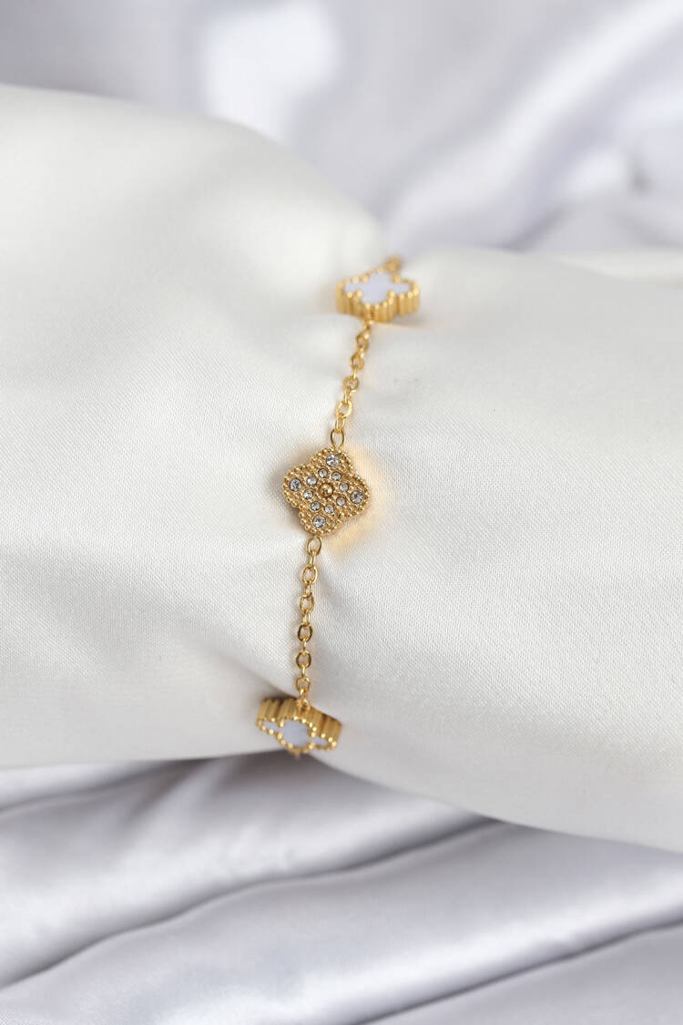 316l Steel Gold Color White And Zircon Stone Baby Boy Clover Women Bracelet - Brand: Ebijuteri - Women & Kids, Baby Clothes Wholesale - Globality Store