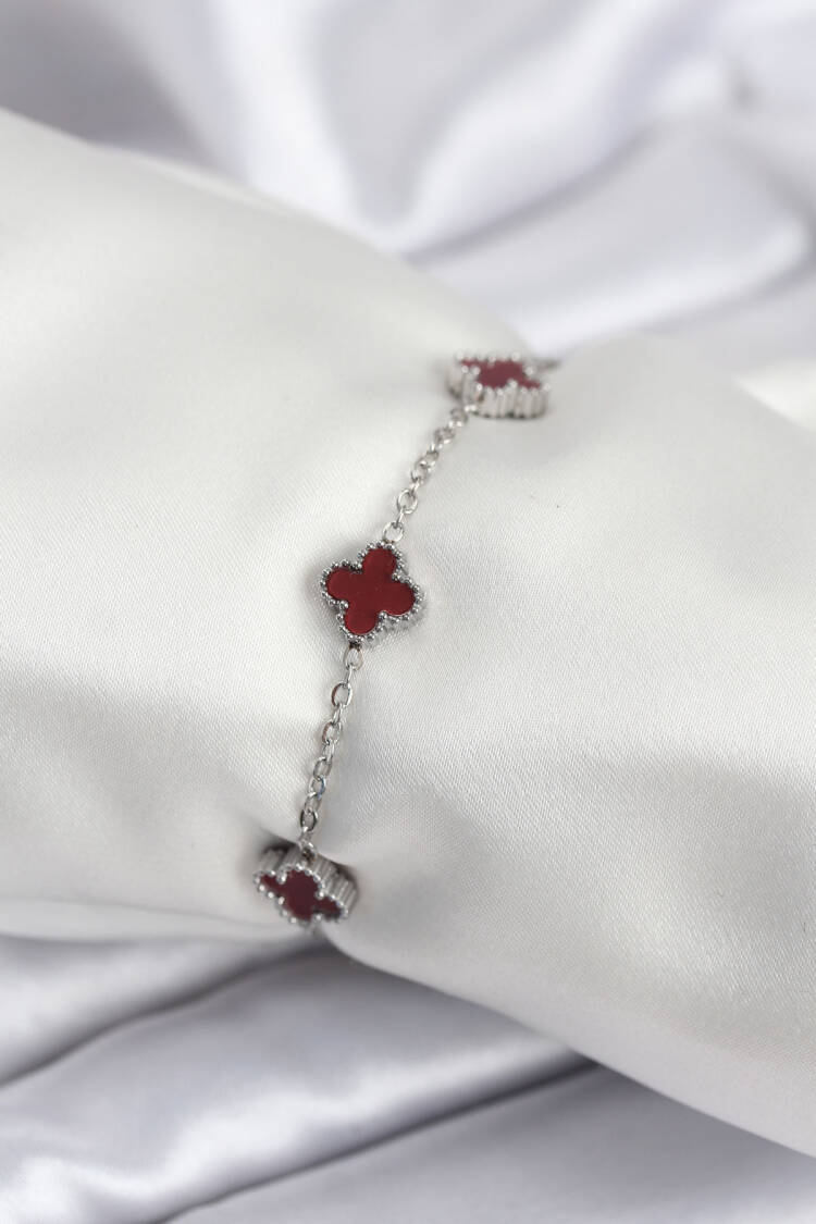 316l Steel Silver Color Burgundy Baby Boy Clover Women Bracelet - Brand: Ebijuteri - Women & Kids, Baby Clothes Wholesale - Globality Store